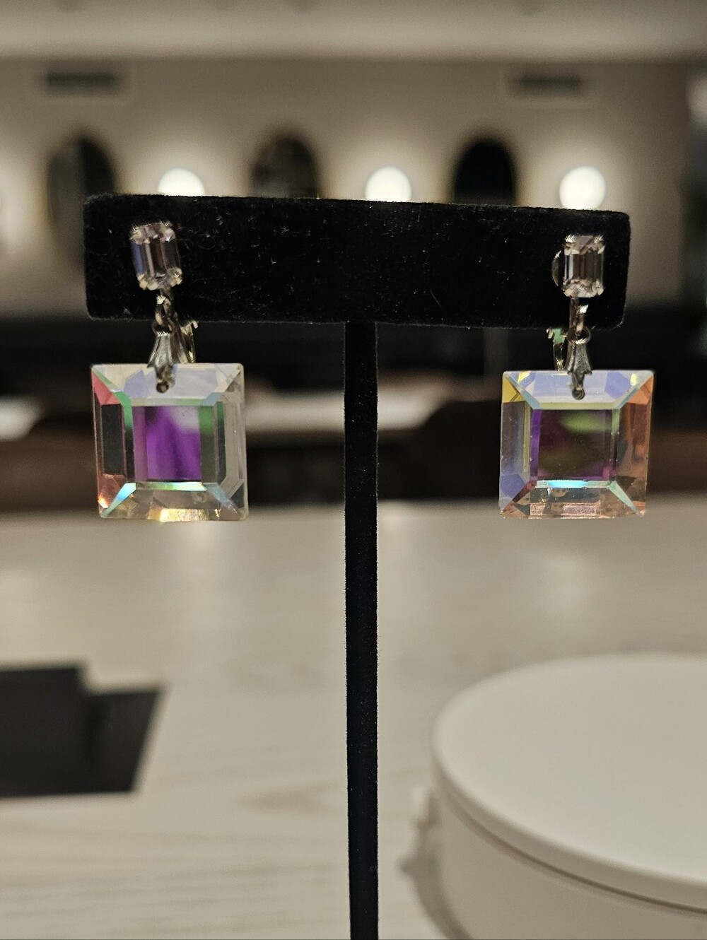 Vintage 1960s Large AB Crystal Geometric Clip On Earrings